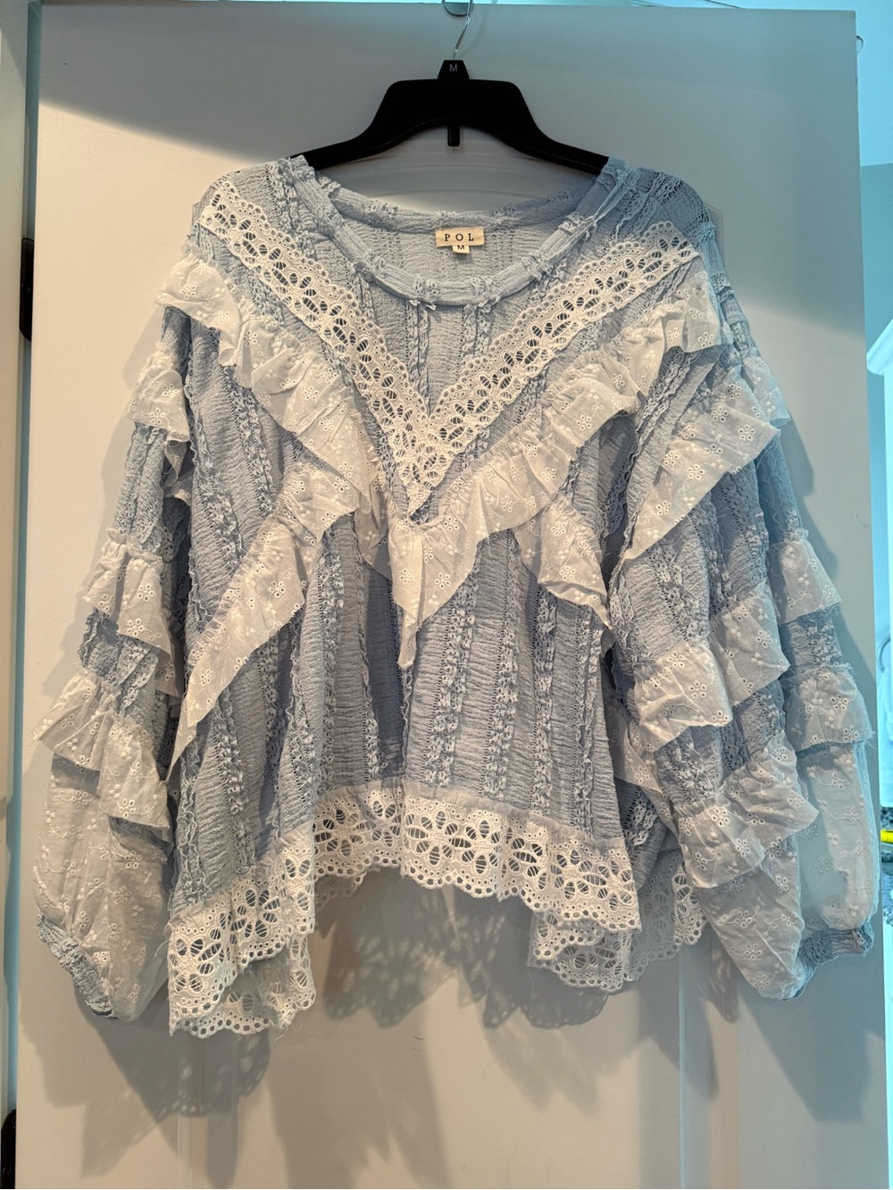 POL Pale Blue Eyelet Lace Ruffle Blouse